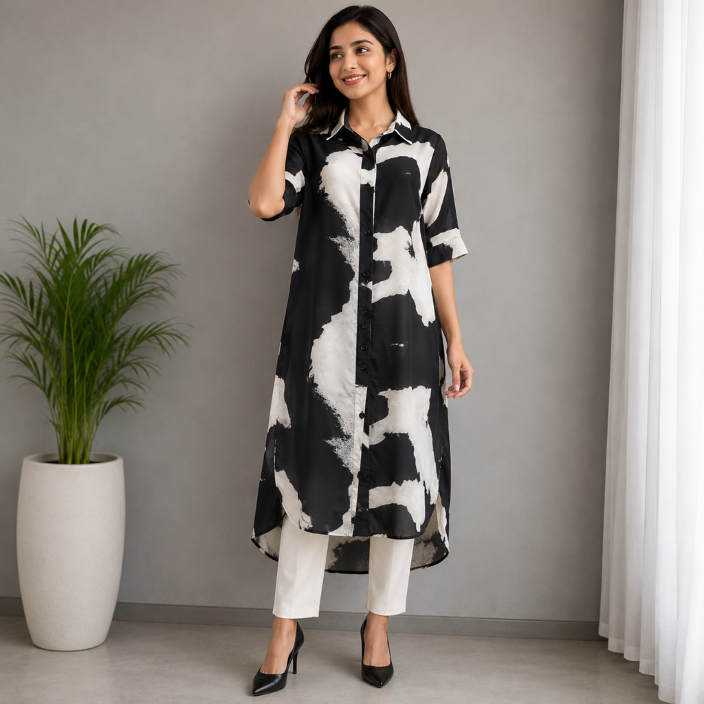 Black & White Long Georgette Shirt