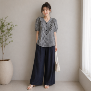 Blue Check Rayon Top