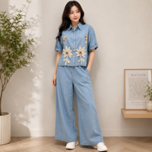 Light Blue Cotton Embroidery Flower Co-ord Set