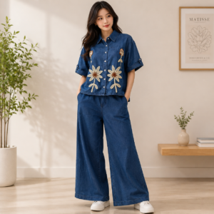 Dark Blue Cotton Embroidery Flower Co-ord Set