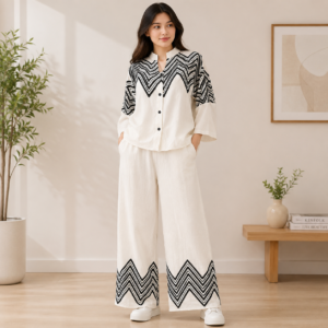 White Cotton Rayon Co-ord Set Black Embroidery