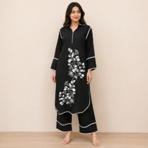 Black Suit with White Embroidery Flowers