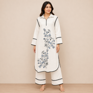 White Suit with Blue Embroidery Flowers