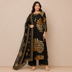 Black Suit with Golden Big Flowers Design