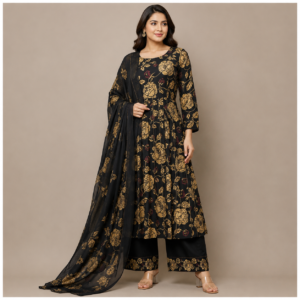 Black Frock Style Suit with Golden Flowers