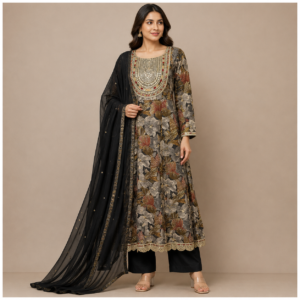 Black Frock Style Suit with Orange White Golden Leaves Designer Work