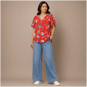Red Top with Blue Flowers