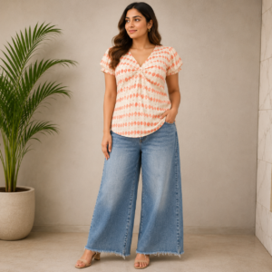 White Orange Print Cotton Top